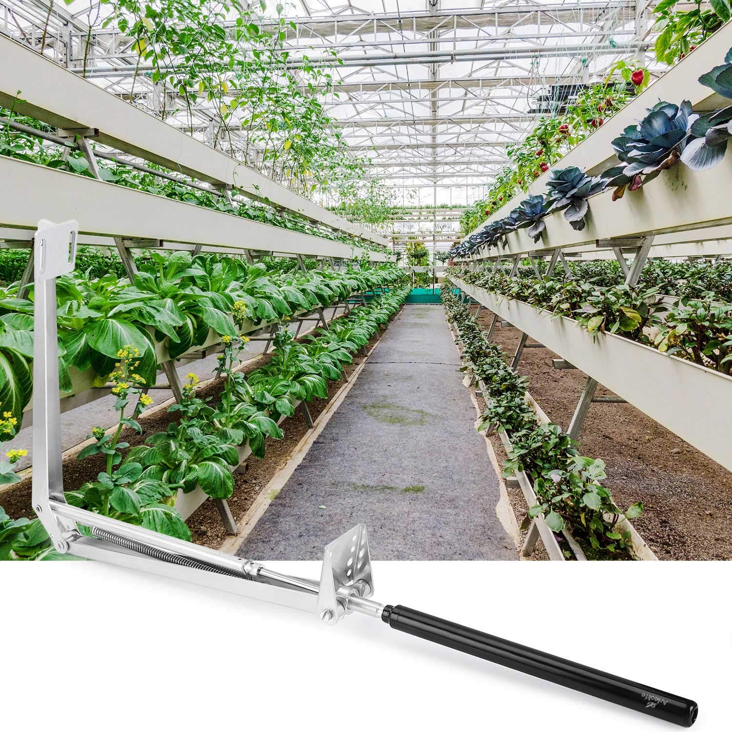 A ANLEOLIFE centre-shalf-opener installation on a greenhouse frame.