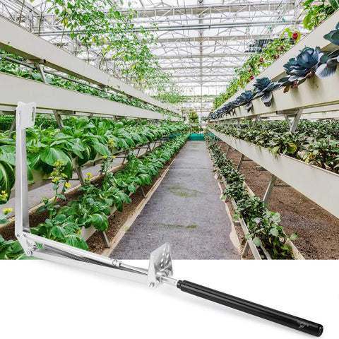 A ANLEOLIFE centre-shalf-opener installation on a greenhouse frame.