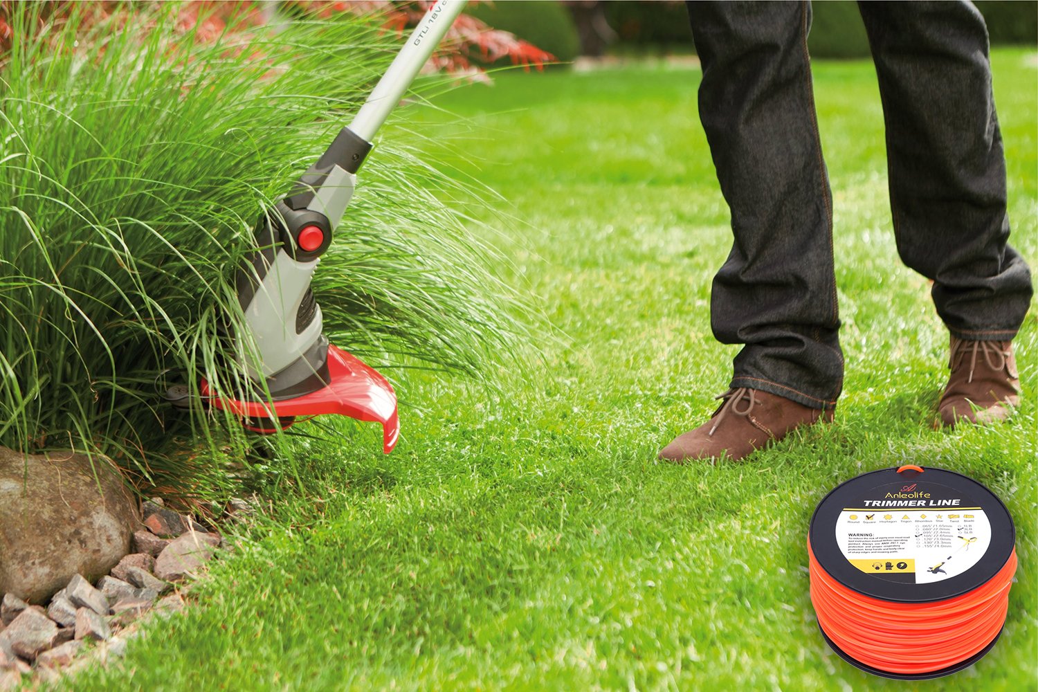 Garden setting image shows A ANLEOLIFE spool for lawn edging tasks
