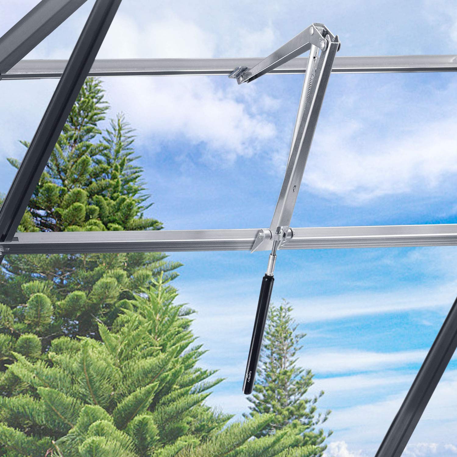 A ANLEOLIFE greenhouse window louvre in use; automatically vents air.