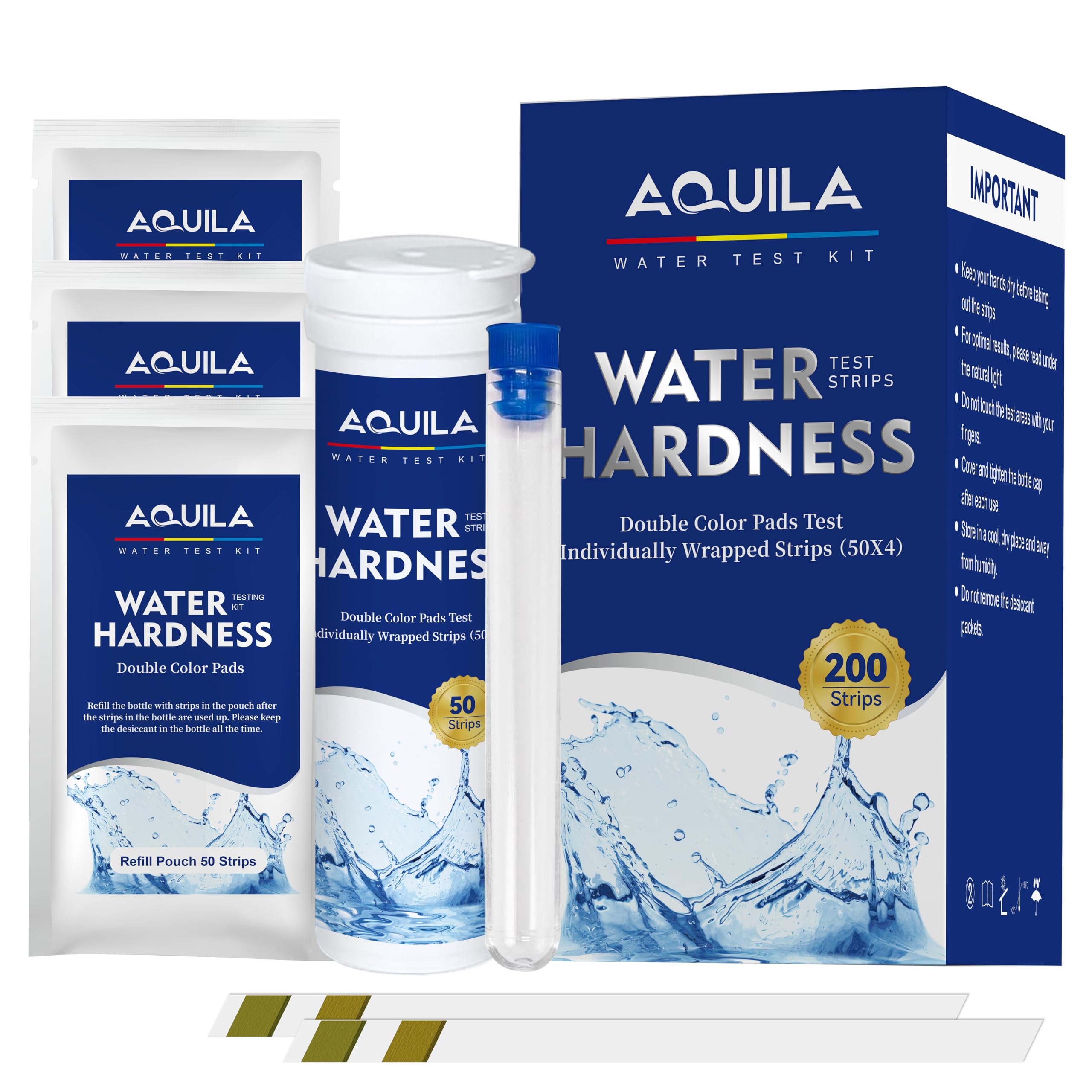 A QUILA water hardness test 200 strips kit for accurate home testing.