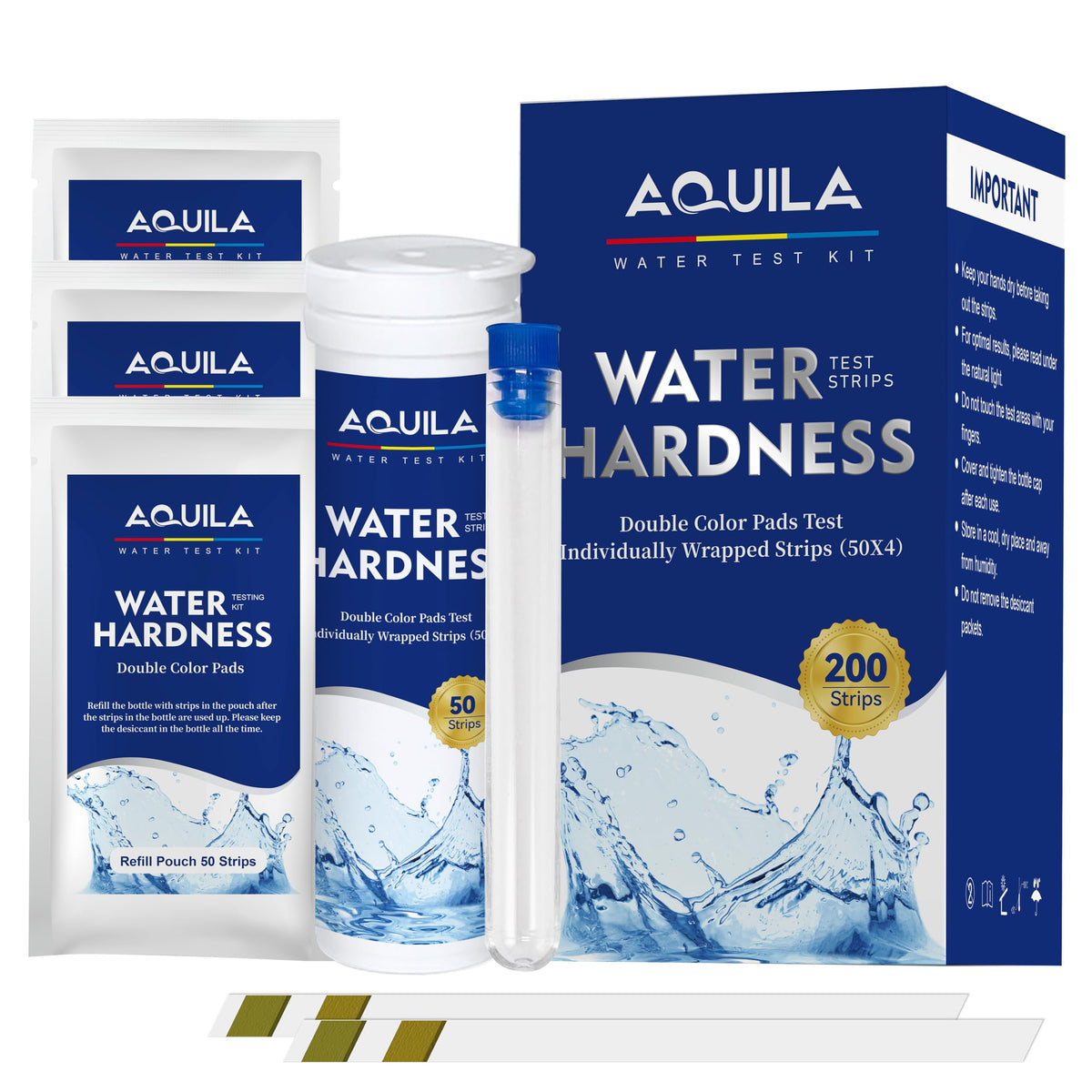 A QUILA water hardness test 200 strips kit for accurate home testing.