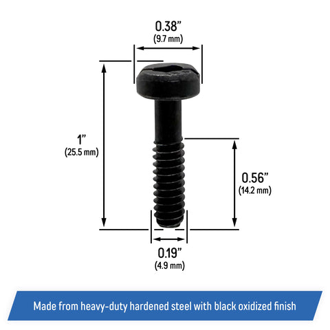 A.A hardened steel screws with black finish for long-lasting chainsaw wear.