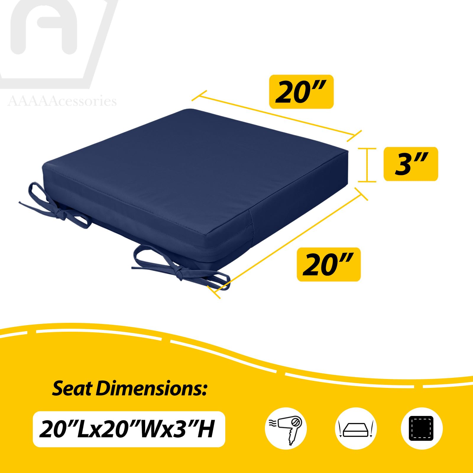 AAAAAcessories navy blue cushion with non-slip bottom and ties for secure placement.