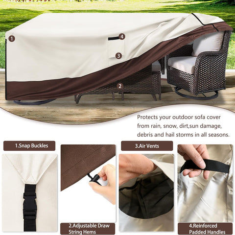 Aacabo beige patio cover over dining chairs emphasizes all-season protection.