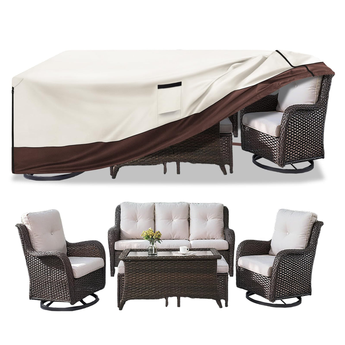 Aacabo patio cover on a 5-piece furniture set shields against dust and rain.