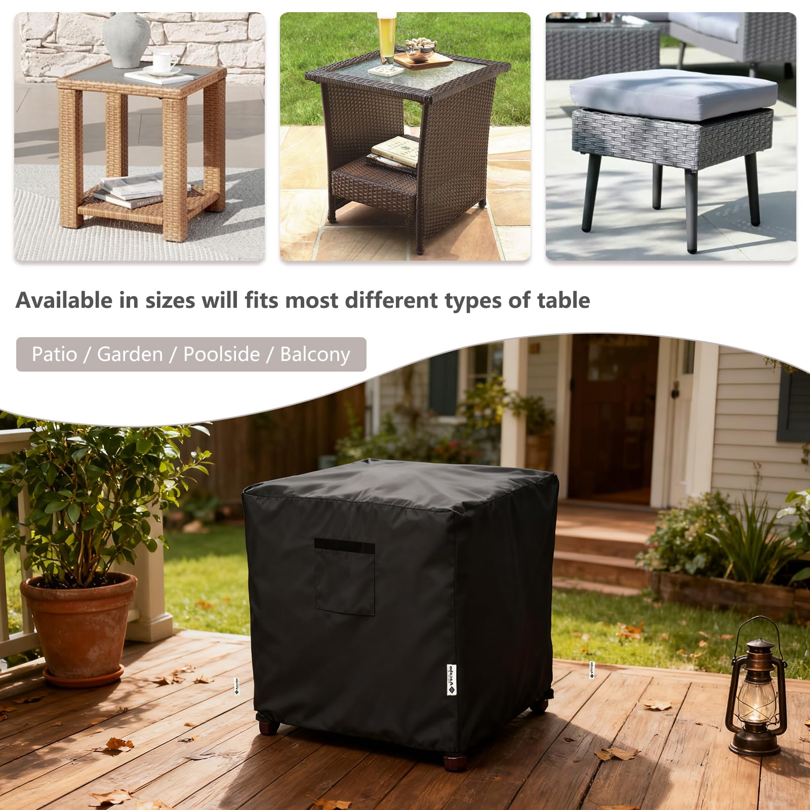 Aacabo square design cover shields wicker tables from sun and debris.