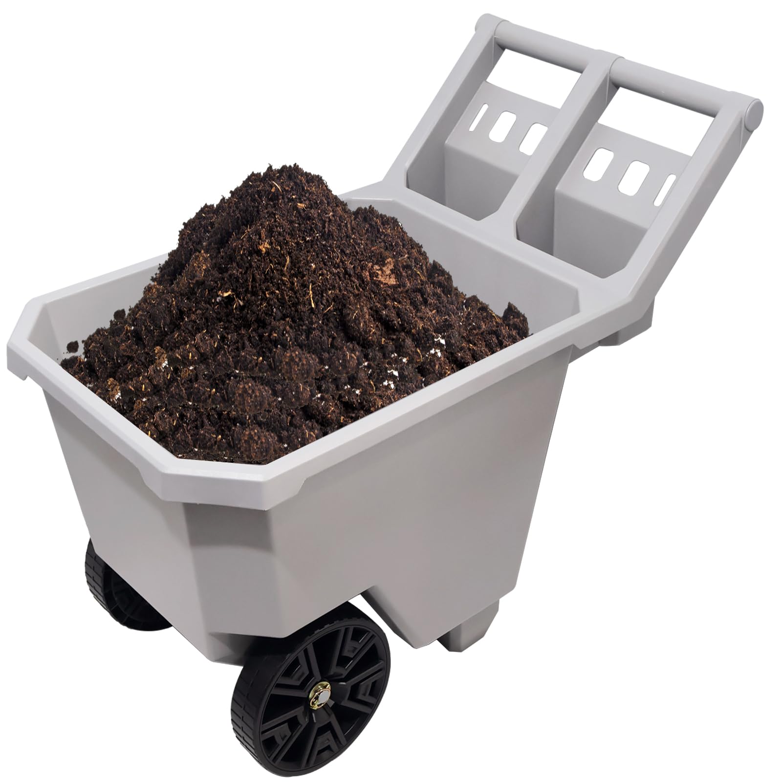 AAIN grey two-wheel wheelbarrow front view shows stability for easy loading.