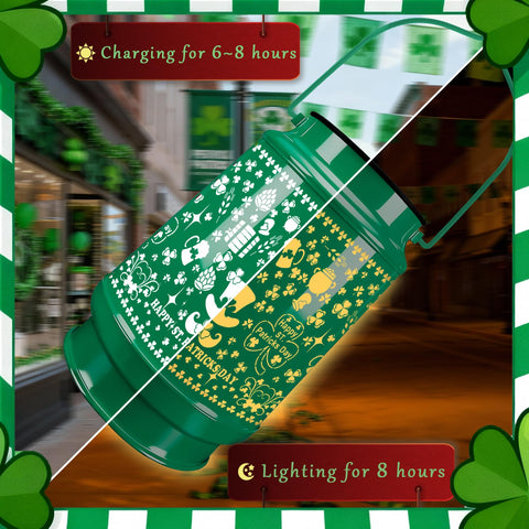 Aalnfe Green-Gold Shamrock lantern lit to enhance festive garden illumination.