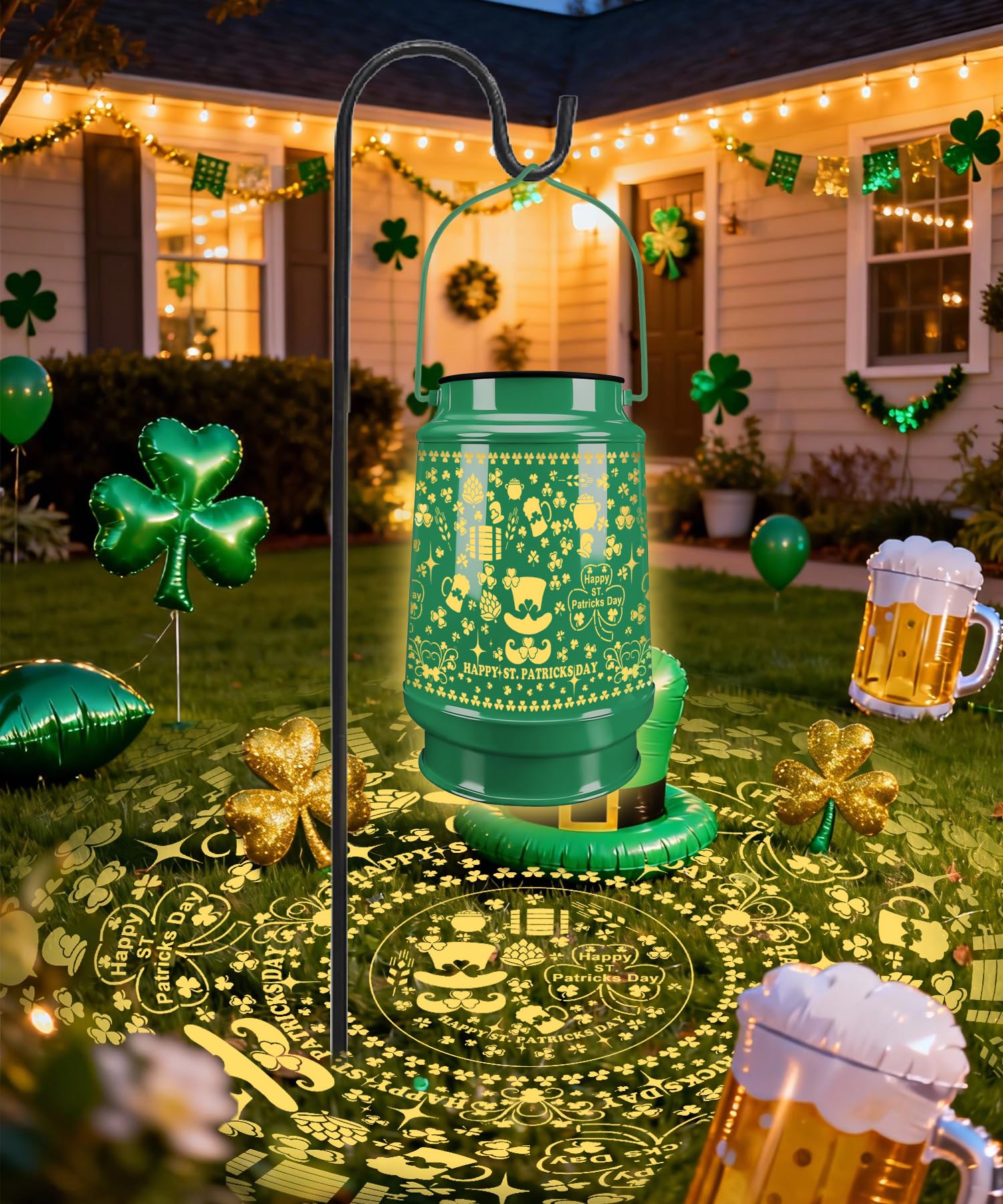 Aalnfe Shamrock solar lantern hanging on porch with warm emerald glow for outdoor decor.