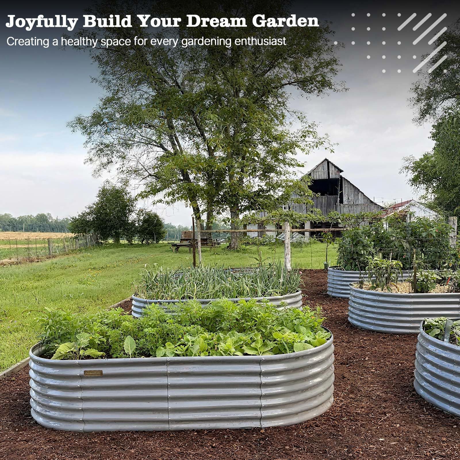 A ANLEOLIFE oval galvanized raised bed side view great for patios