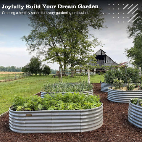 A ANLEOLIFE oval galvanized raised bed side view great for patios