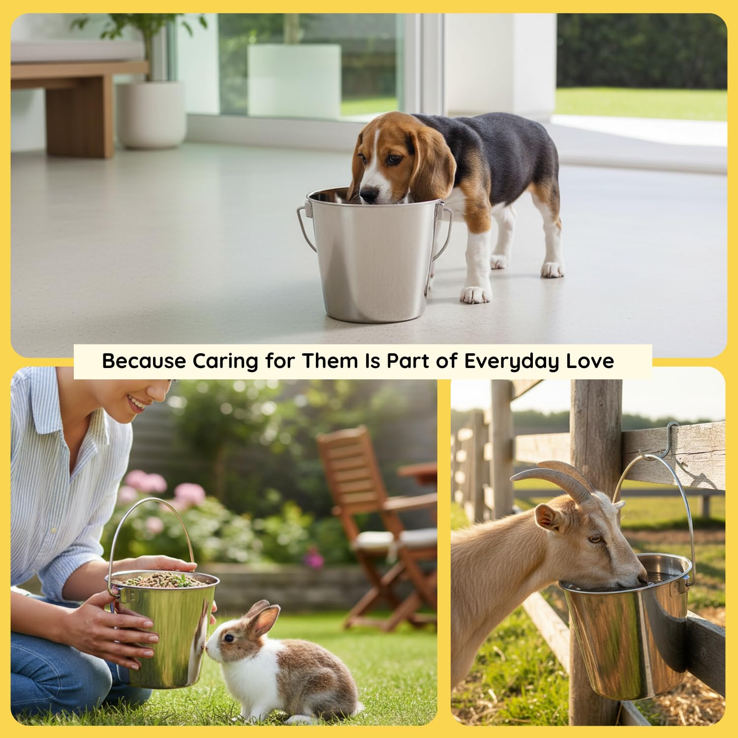 AASPIRE PETS stainless steel round bucket 1 gal for durable pet water and food.