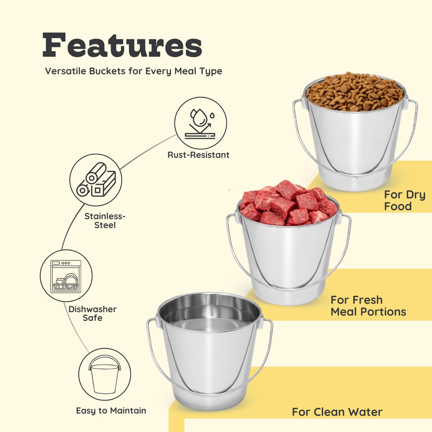 AASPIRE PETS stainless steel bucket surface resists rust for daily feeding use.