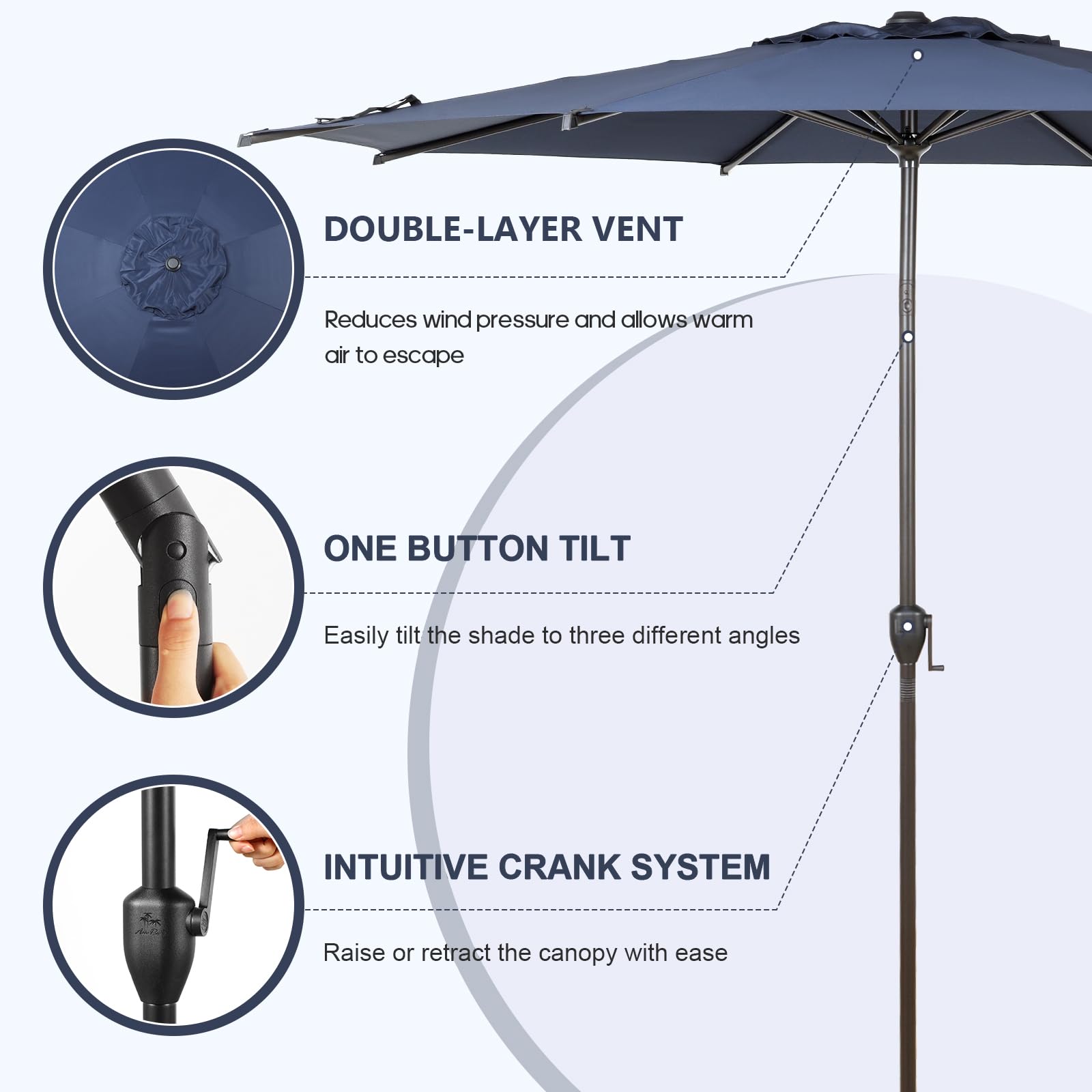 Abba Patio Lyon 9FT umbrella reinforced ribs resist gusts for stability.