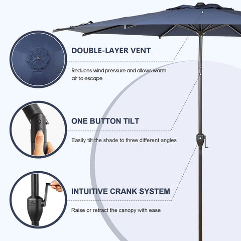 Abba Patio Lyon 9FT umbrella reinforced ribs resist gusts for stability.