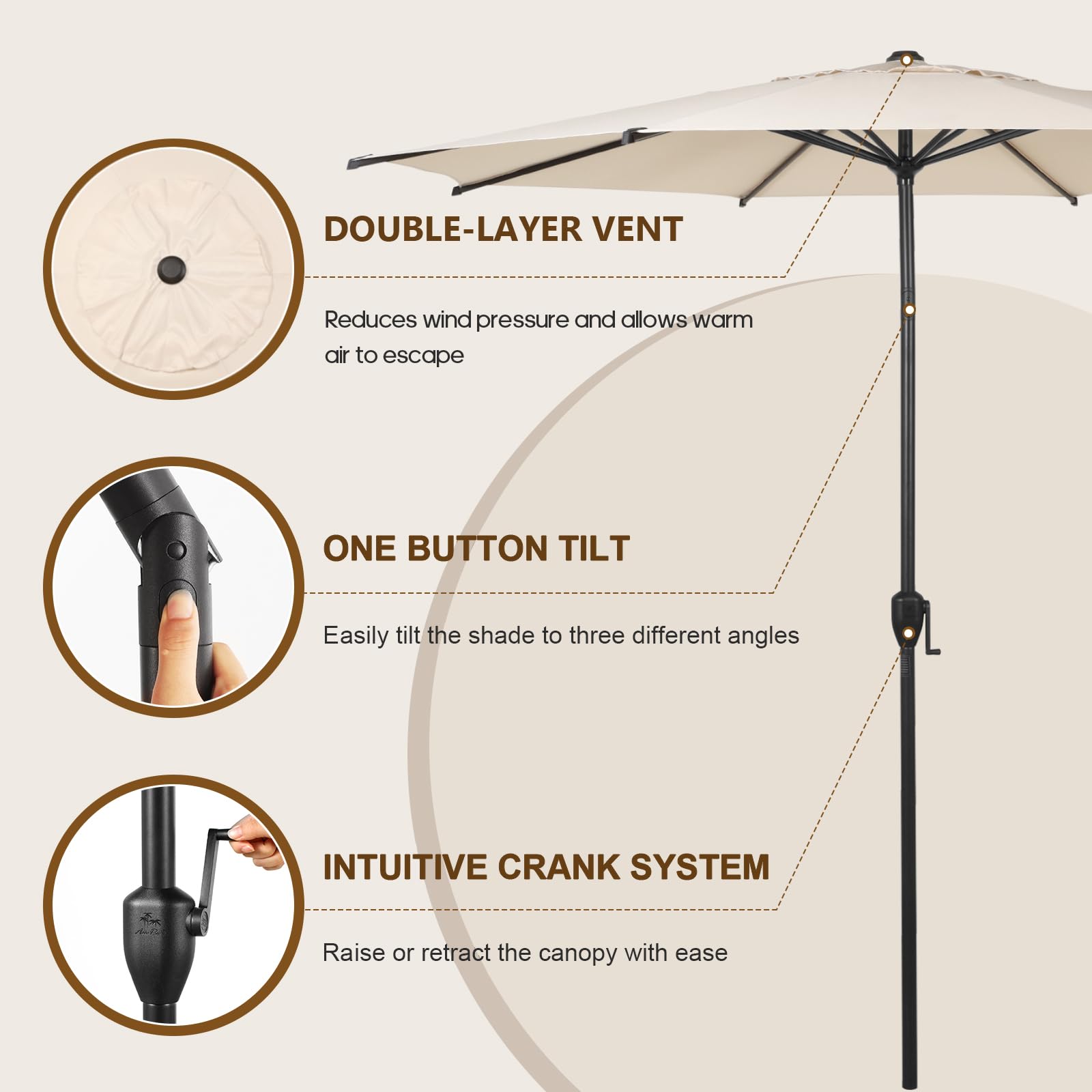 Abba Patio Lyon umbrella crank operation enables simple height and tilt control