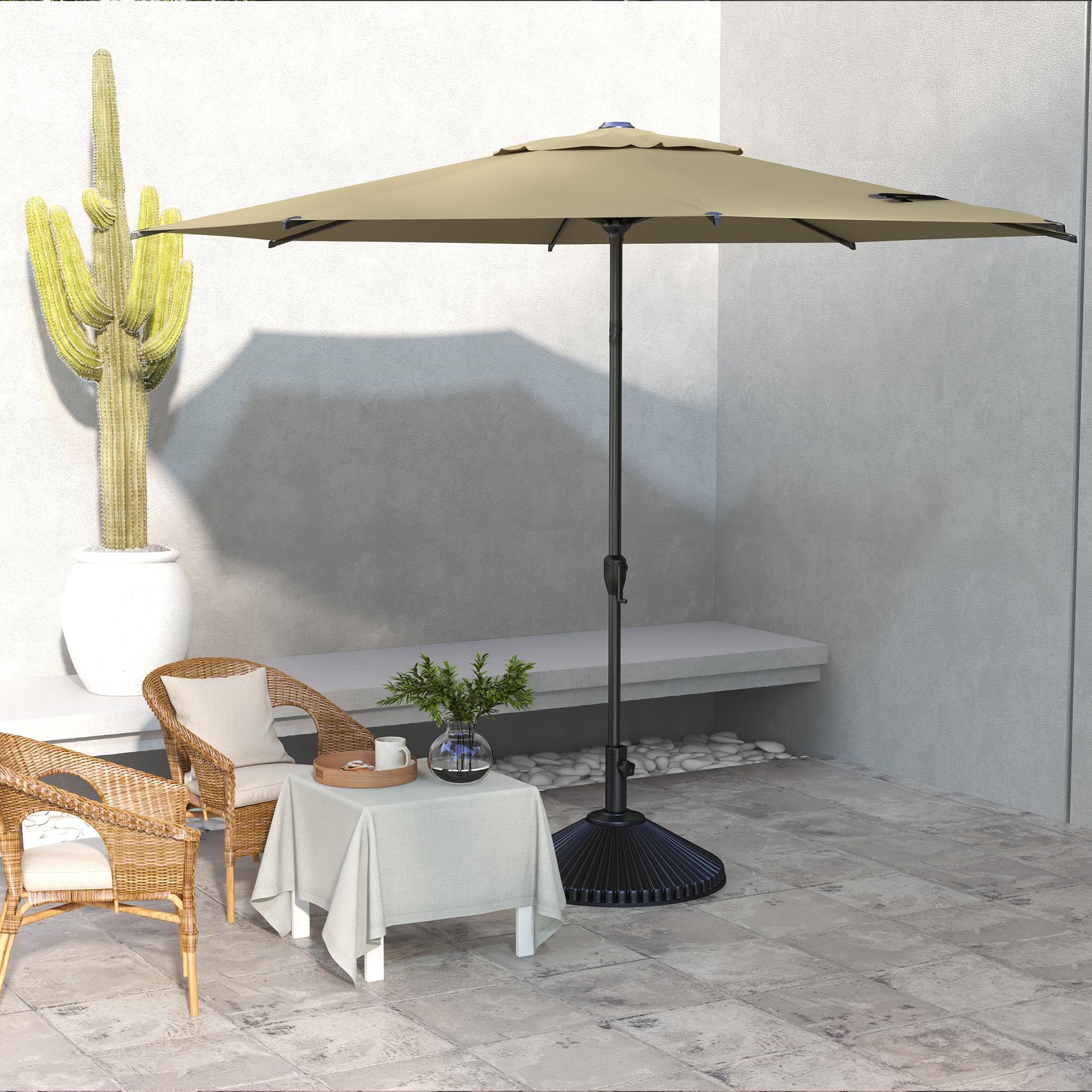 Abba Patio Lyon-umbrella-social-dining-area shows shade for up to six guests.