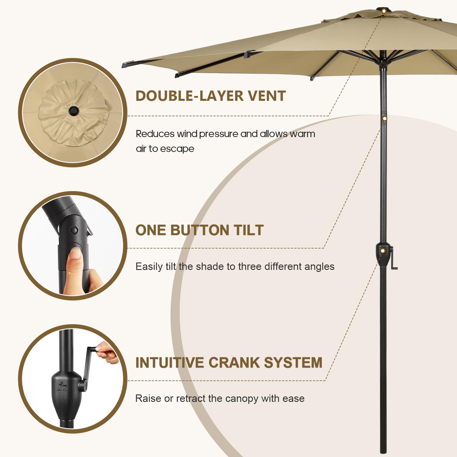 Abba Patio Lyon umbrella wind-durability-ribs shows reinforced aluminum ribs for reliable support.