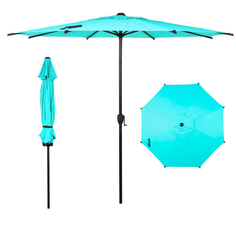 Abba Patio Lyon 9ft umbrella opened on the patio for instant shade.