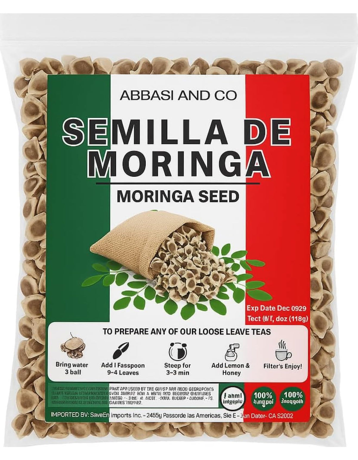 ABBASI & CO Moringa PKM1 seeds package for planting and flavor-rich snacks.