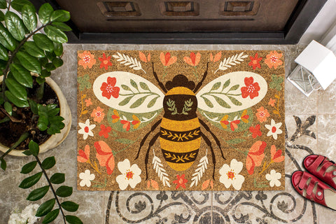 Abbott Collection Floral Bee Doormat closeup flowers highlight fade-resistant colors