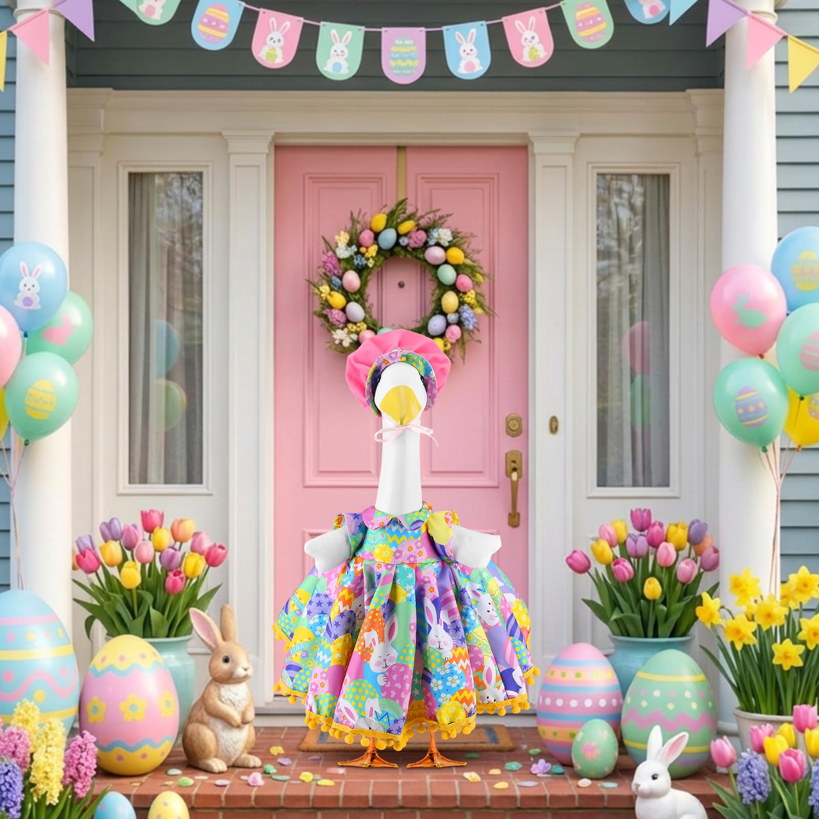 Abbylike Easter bunny goose outfit skirt enhances cute outdoor decor.