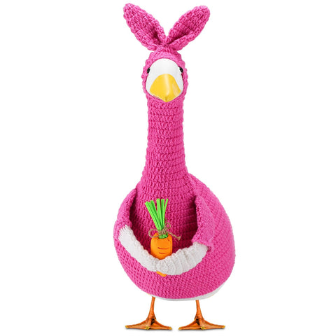 Abbylike Easter bunny porch goose outfit on cement goose for festive lawn display