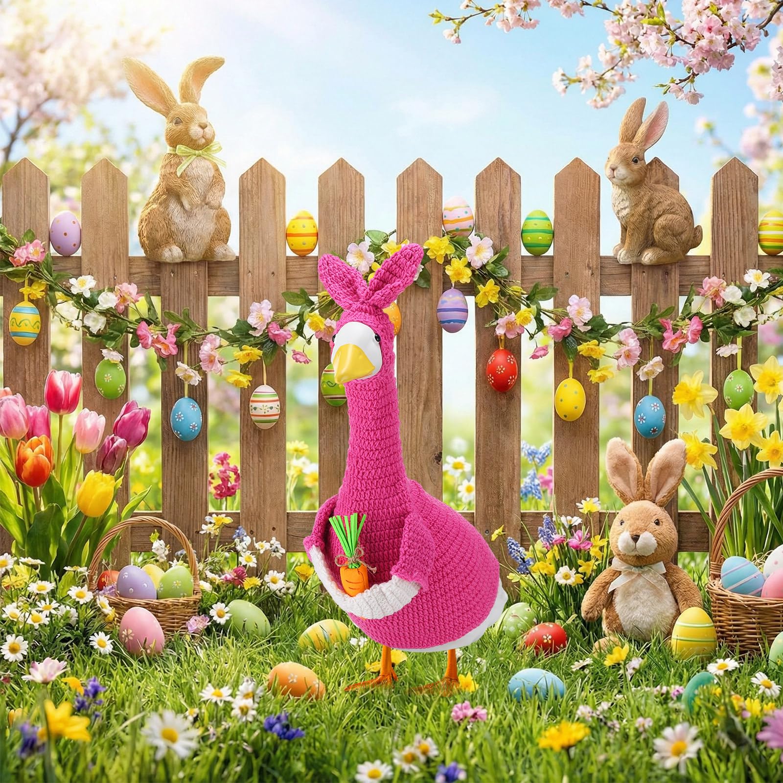 Abbylike easy-on/off fit shown on garden goose statue