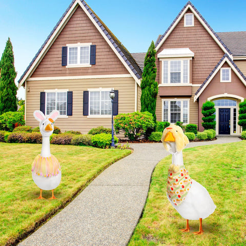 Abbylike Easter goose outfit on a lawn statue for a cheerful yard display