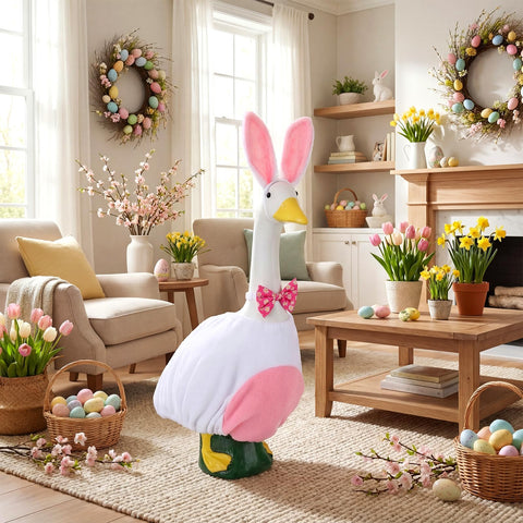 Durable fabric keeps goose attire vibrant for spring yard decor.