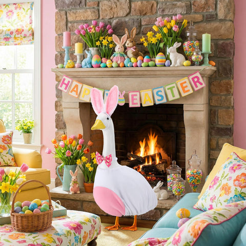 Easter-themed goose clothes invite guests for photos and festive conversations.