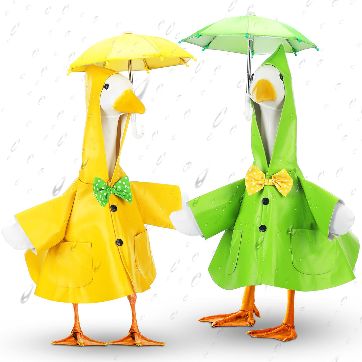 Abbylike goose raincoat with umbrella hat on statue, ready for spring showers