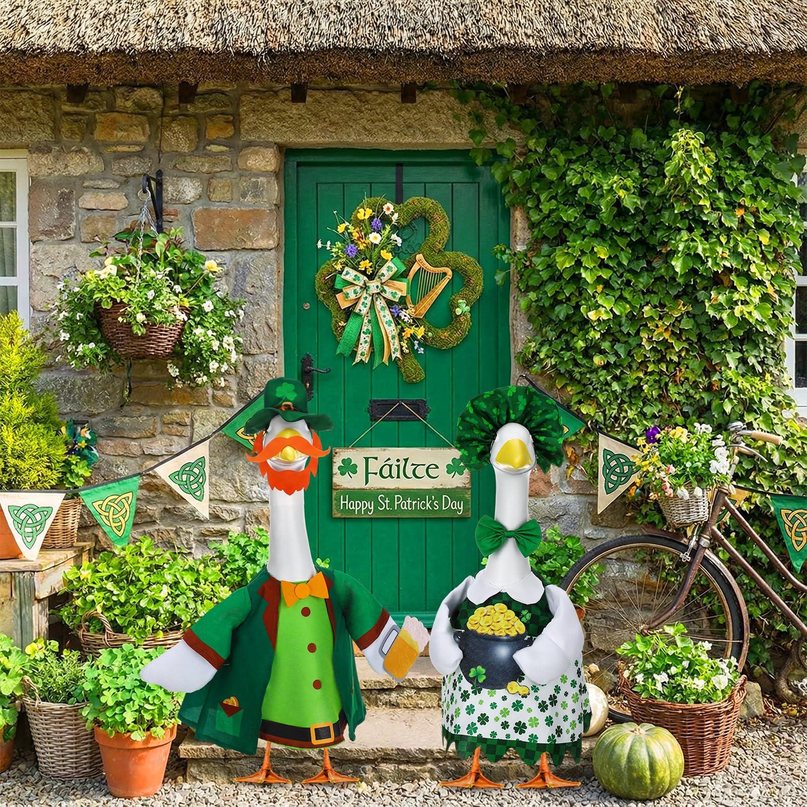 Abbylike green shamrock goose costume with hat showcases festive vibes for garden decor.