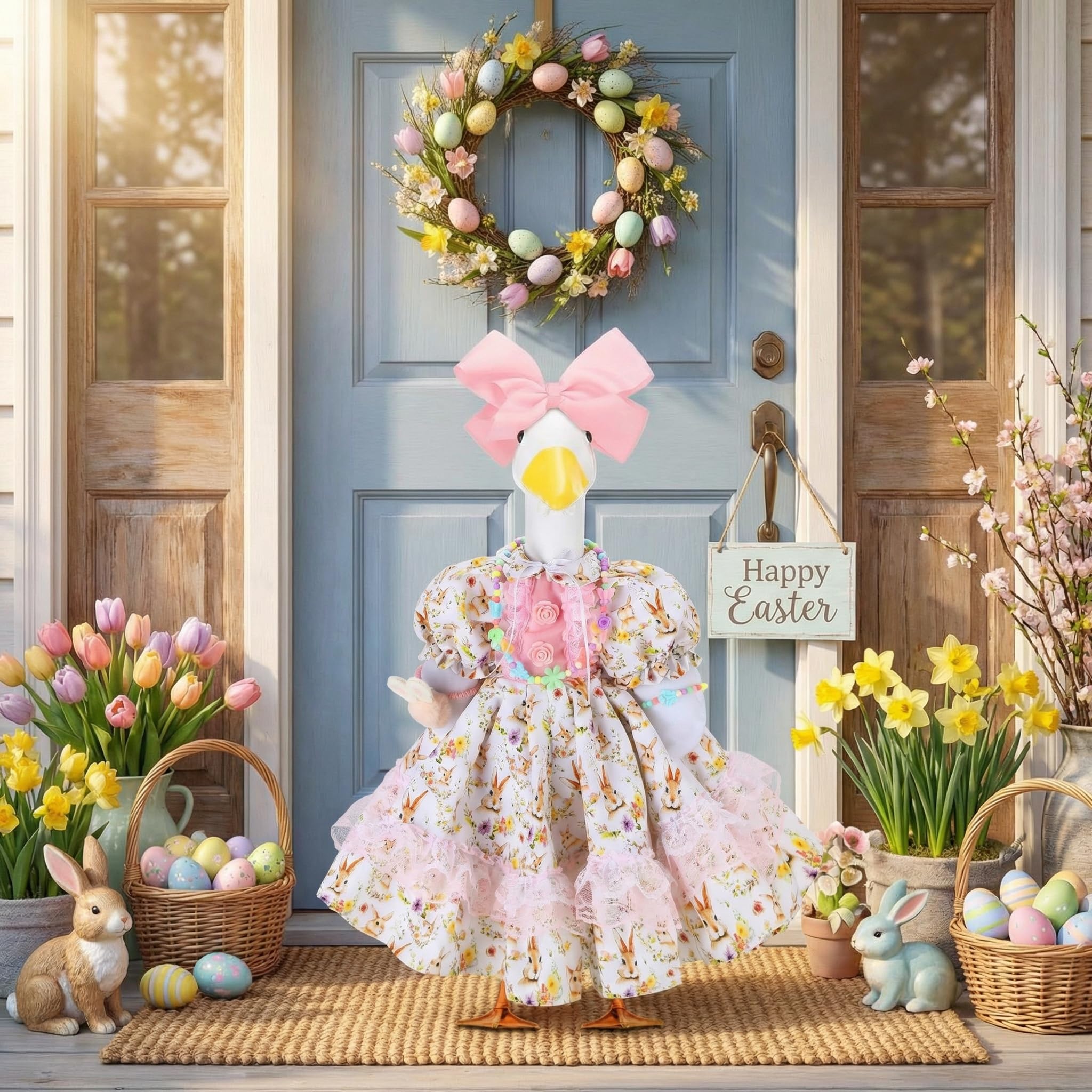 Abbylike bunny goose costume with bow headband for quick dressing.