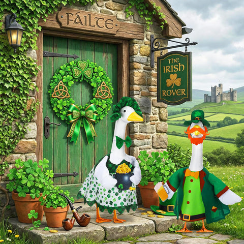 Abbylike shamrock-themed costume enhances outdoor statues for seasonal celebrations.