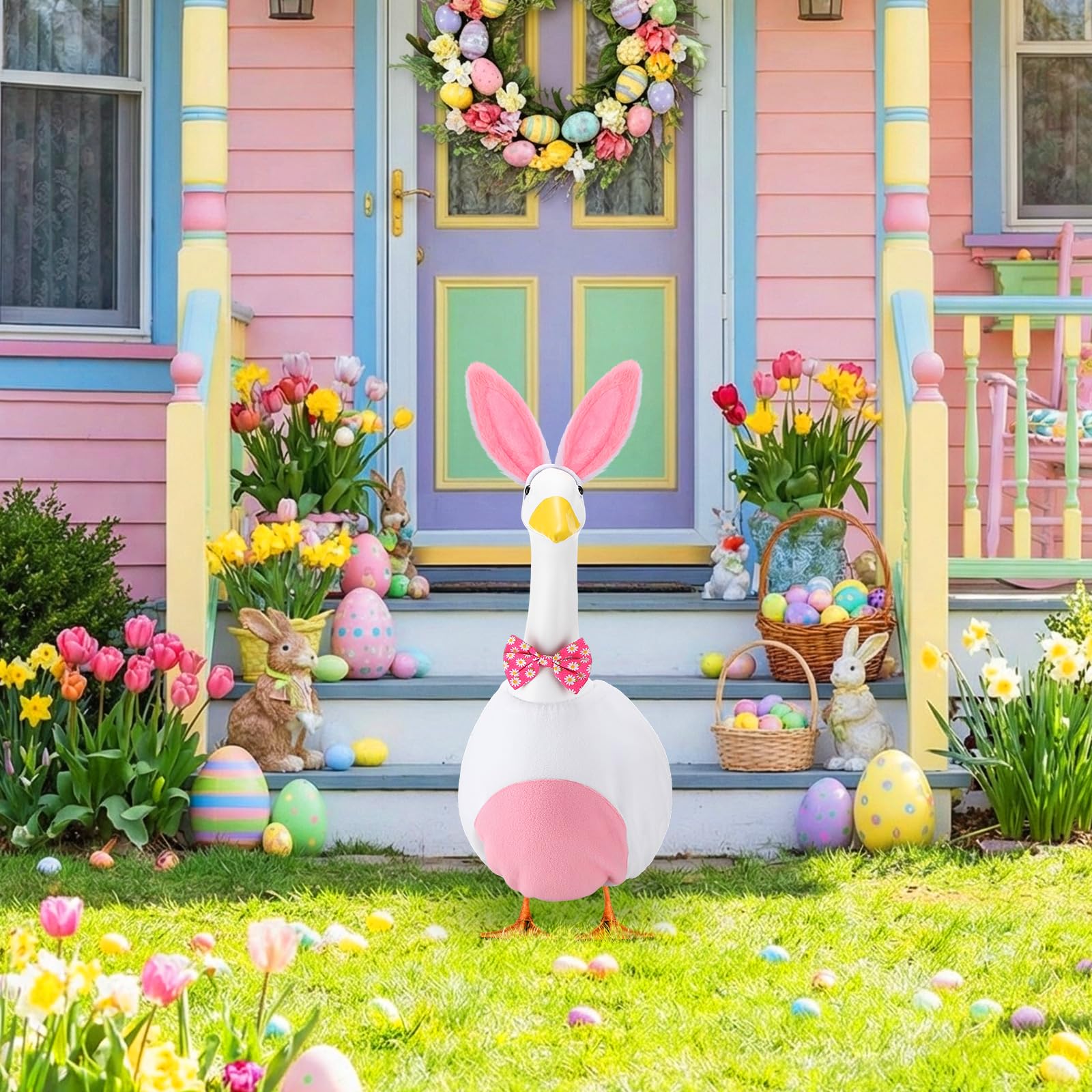 Versatile goose costume suitable for porches, gardens, and spring celebrations.
