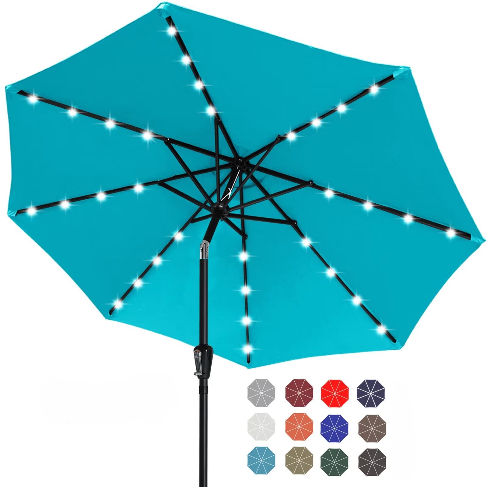 ABCCANOPY 9 ft turquoise umbrella with 32 LEDs for evening outdoor lighting.