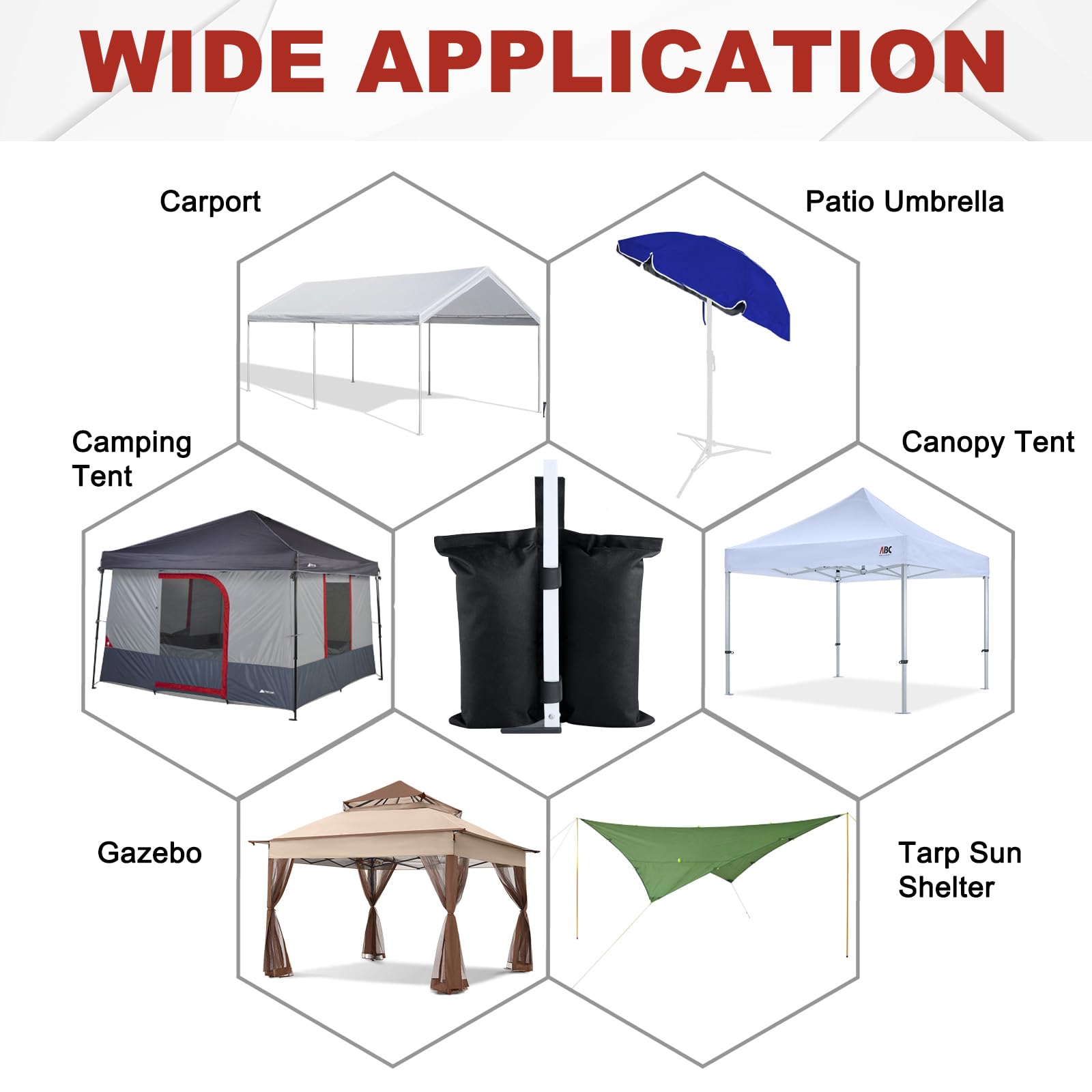 ABCCANOPY bags hold sand, rocks, or dirt for flexible anchoring.