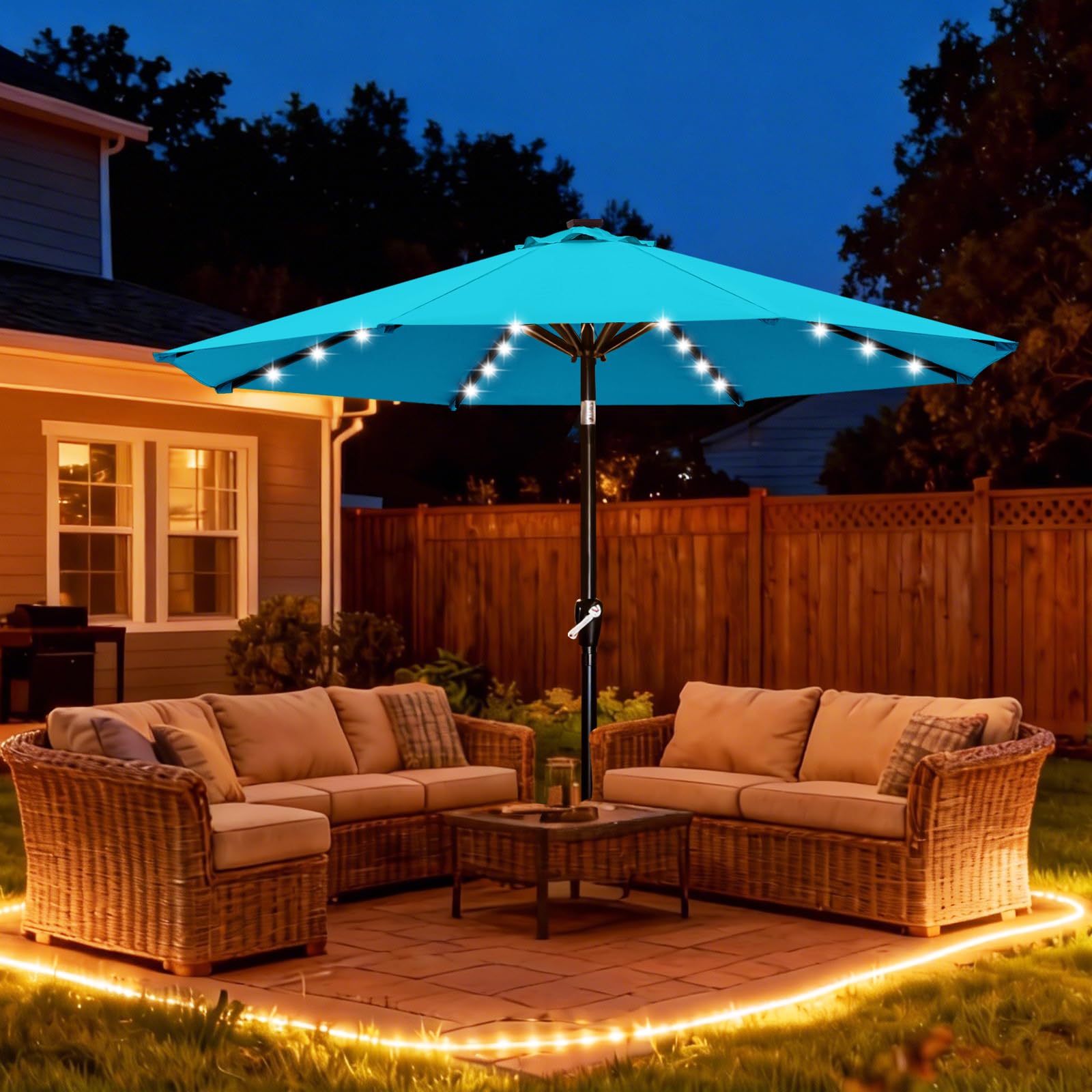ABCCANOPY LED lights on ribs providing ambient illumination for outdoor dining.