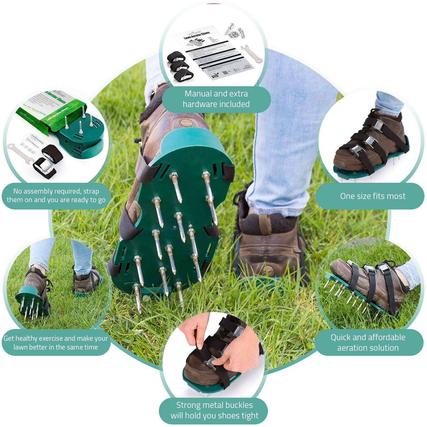 Abco Tech aerator shoes shown with the free wrench for quick setup.