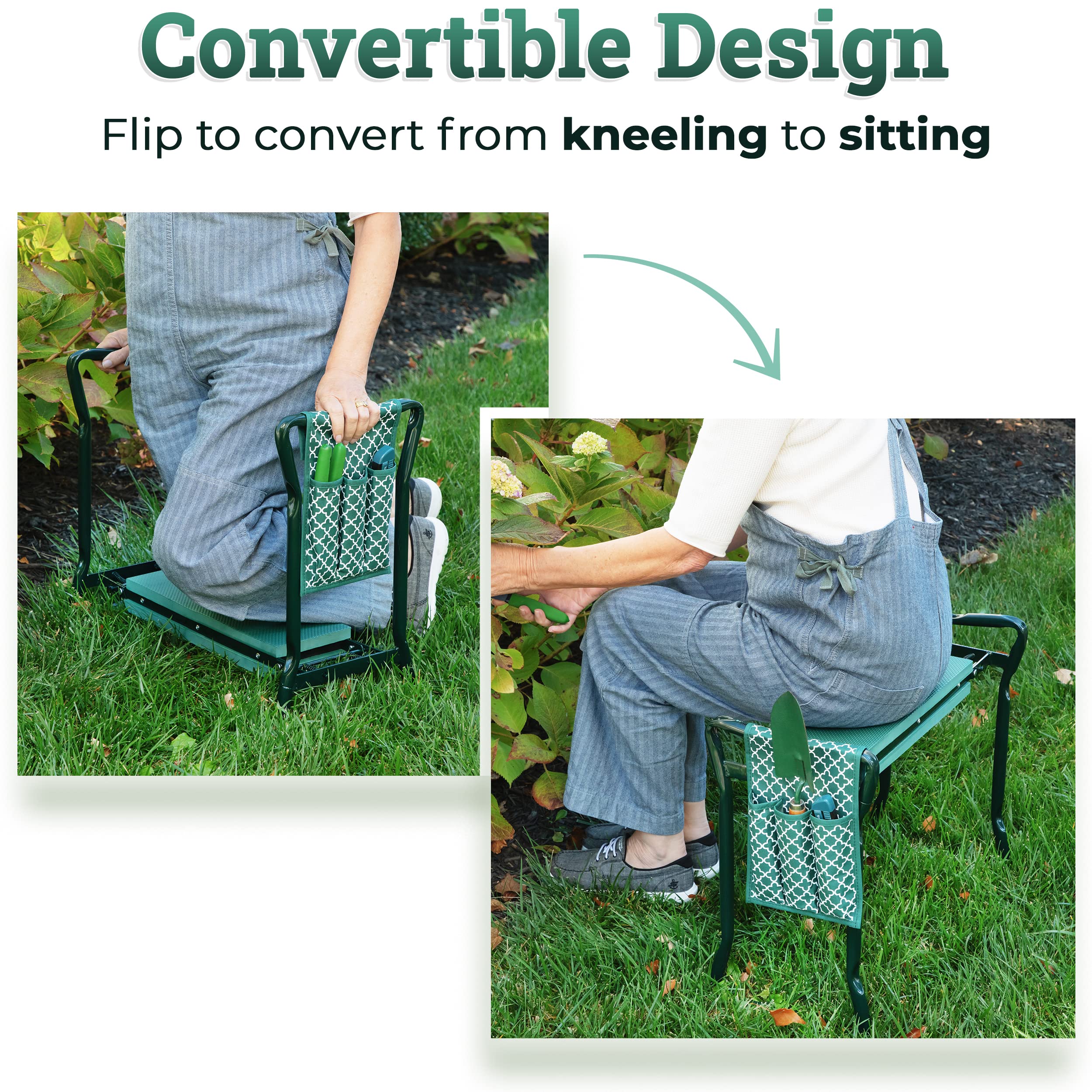 Abco Tech garden kneeler-seat in use provides knee support during planting.