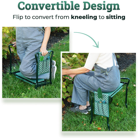 Abco Tech garden kneeler-seat in use provides knee support during planting.