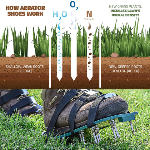 Abco Tech lawn aerator shoes in action on green grass for easy aeration.