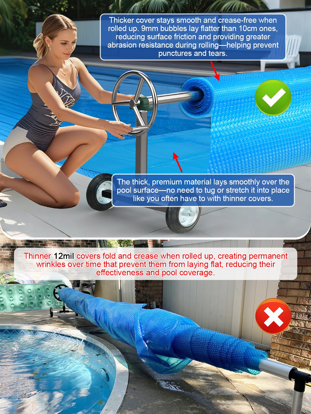 Abimars 16 Mil Solar Pool Cover cutting-fit example with minimized edge curls
