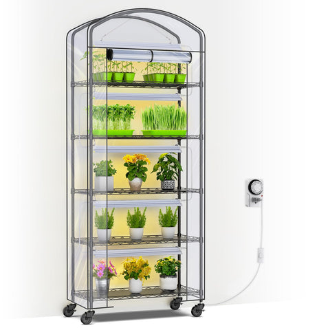 Abimars 5-Tier Greenhouse front view shows sturdy welded frame supporting up to 175 lbs.