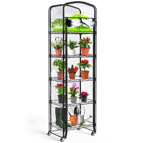Abimars 5-Tier Mini Greenhouse front view showing sturdy metal shelves and lockable casters for indoor gardening