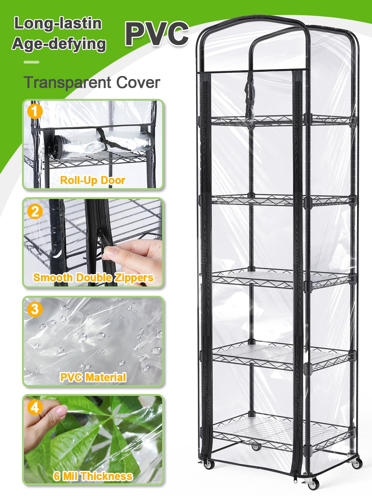 Abimars 5-Tier Mini Greenhouse PVC cover close-up highlighting durable weather-resistant protection for seedlings