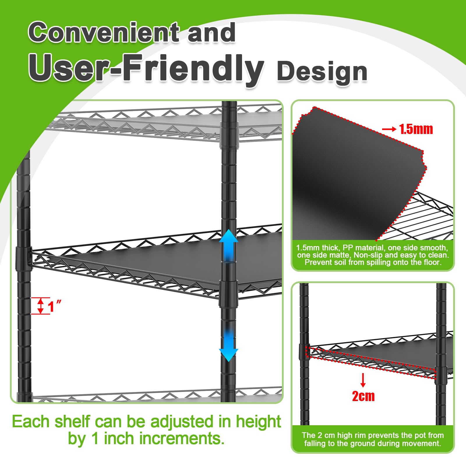 Abimars adjustable shelves show one-inch height steps for various plant sizes.