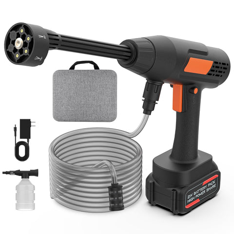 Ablemark cordless pressure washer in use showing 1100 PSI cleaning power for vehicles and patios.